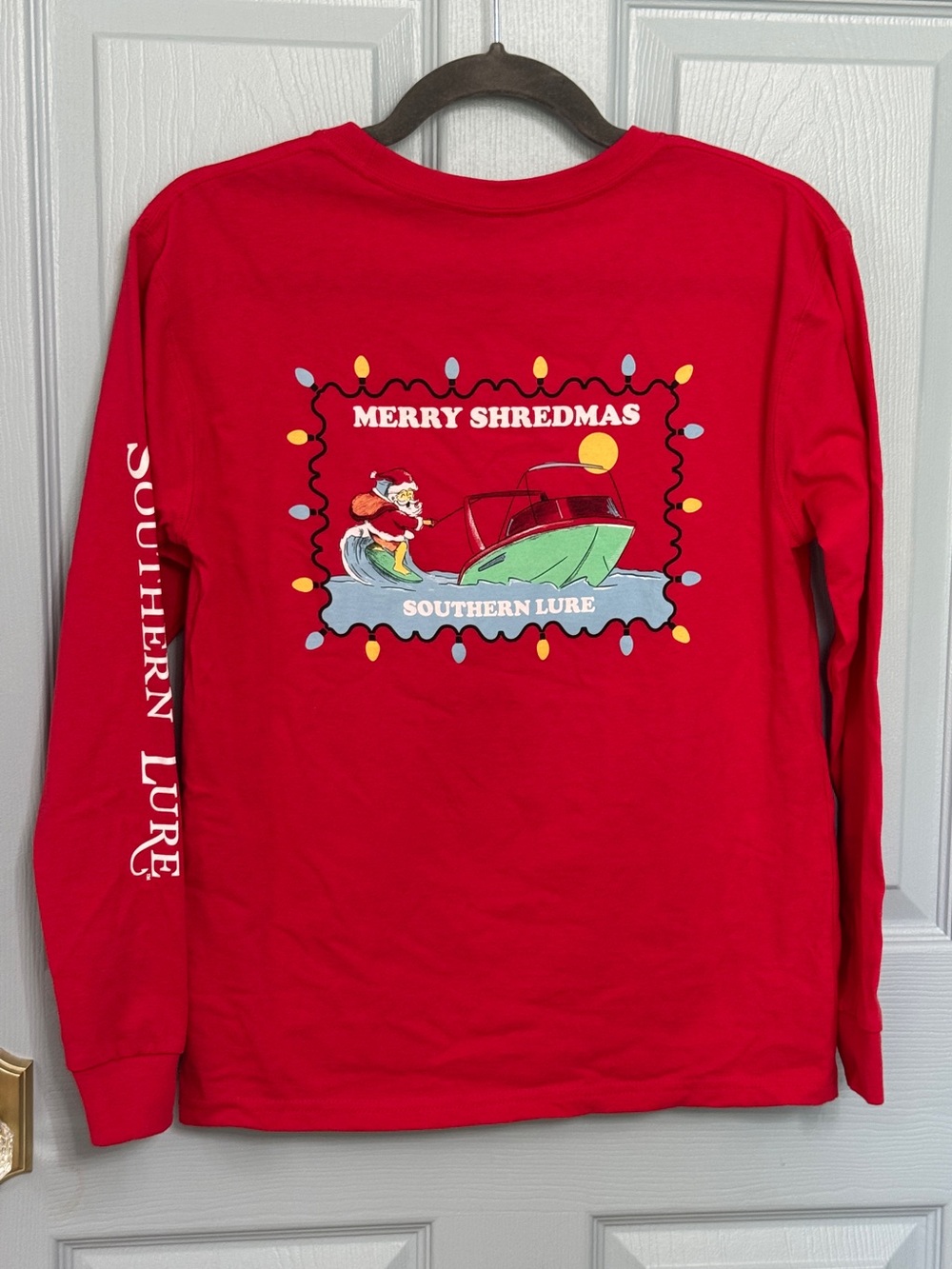 Southern Lure Red Merry Shredmas Christmas Surf Long Sleeve Tee Shirt Y L NWT